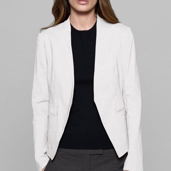 white collarless jacket